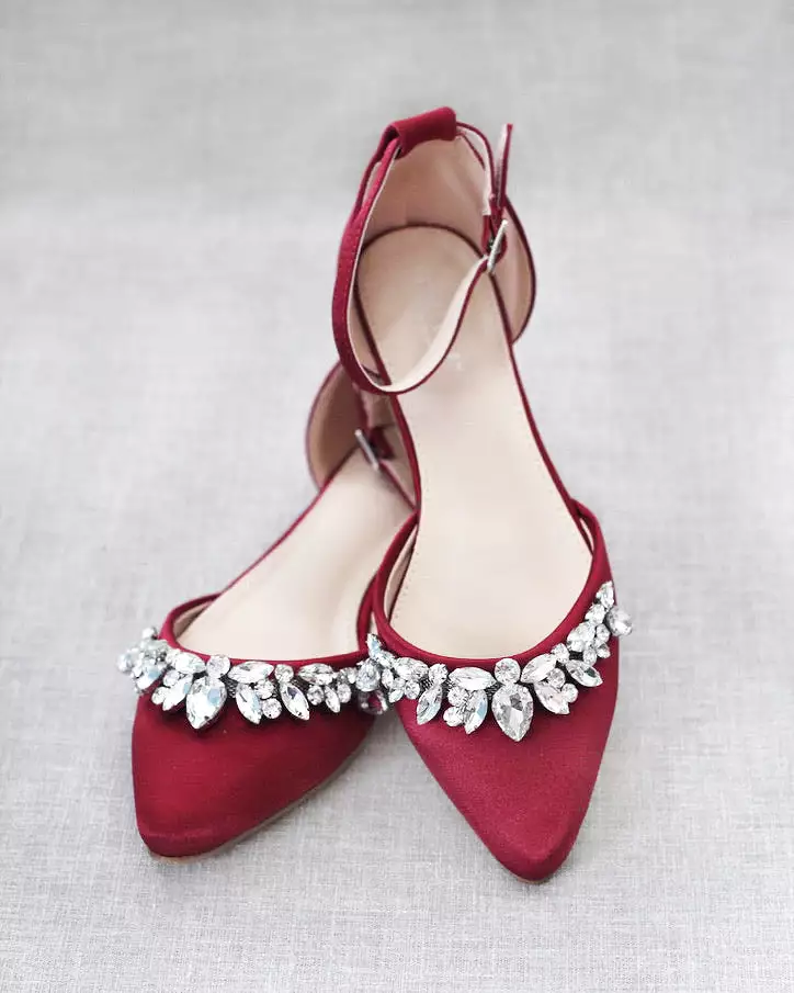 Burgundy Satin Pointy Toe Flats with Teardrop Rhinestones Embellishments