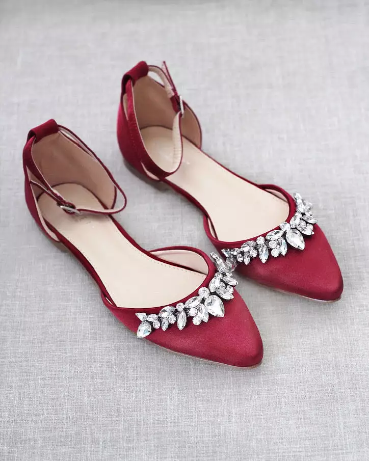 Burgundy Satin Pointy Toe Flats with Teardrop Rhinestones Embellishments