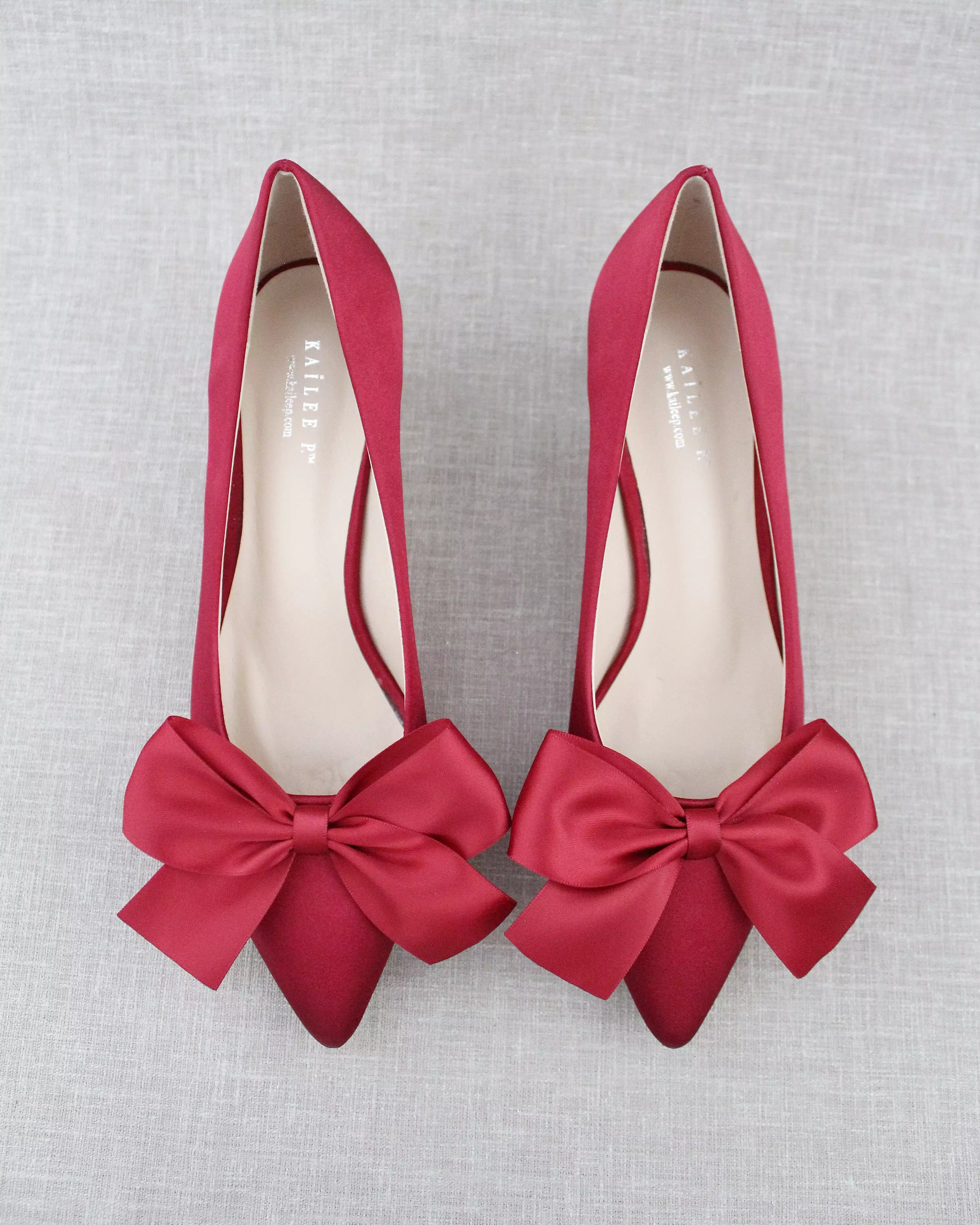 Burgundy Satin Pointy Toe Pump Low Heel with Satin Bow