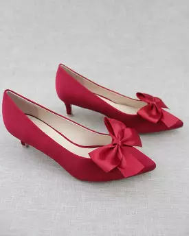 Burgundy Satin Pointy Toe Pump Low Heel with Satin Bow