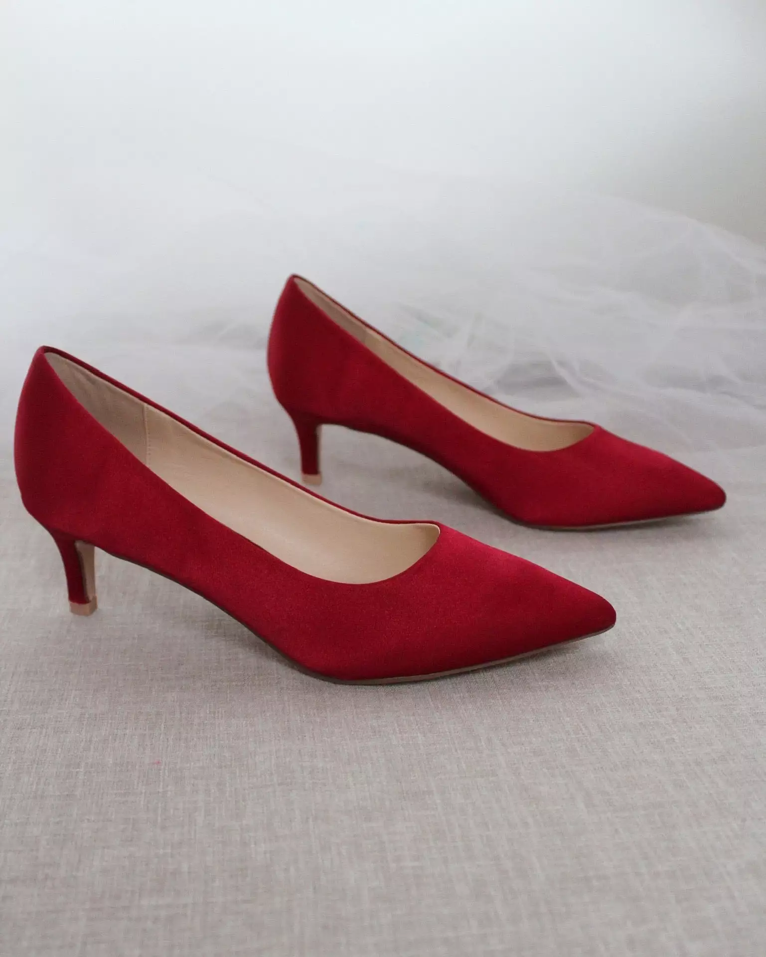 Burgundy Satin Pointy Toe Pump Low Heel