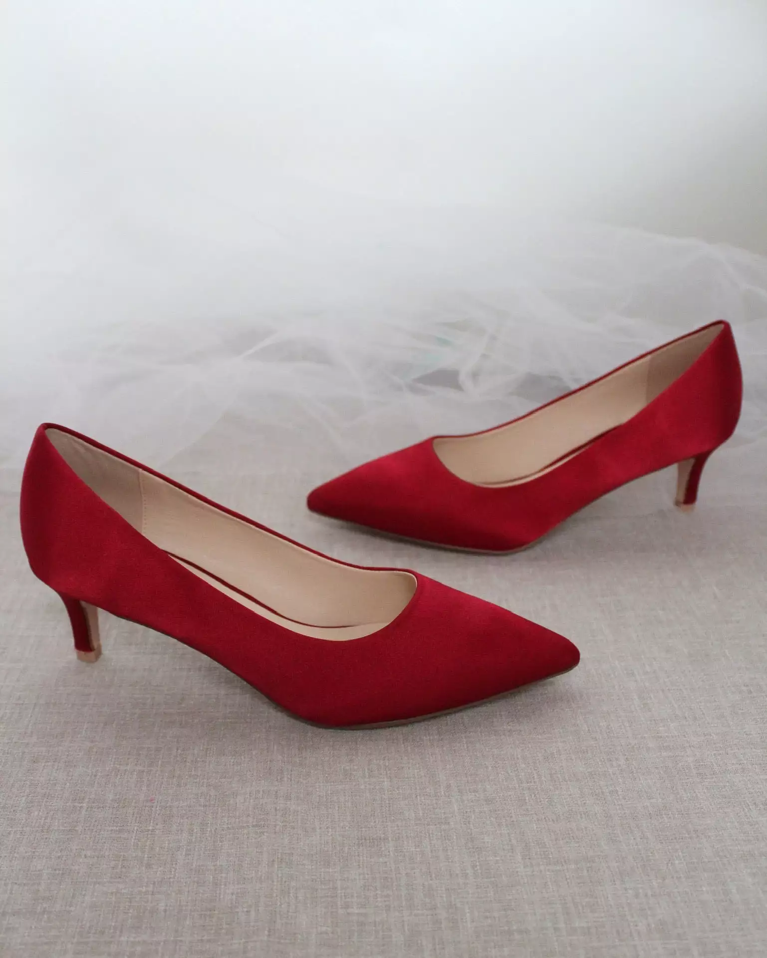 Burgundy Satin Pointy Toe Pump Low Heel