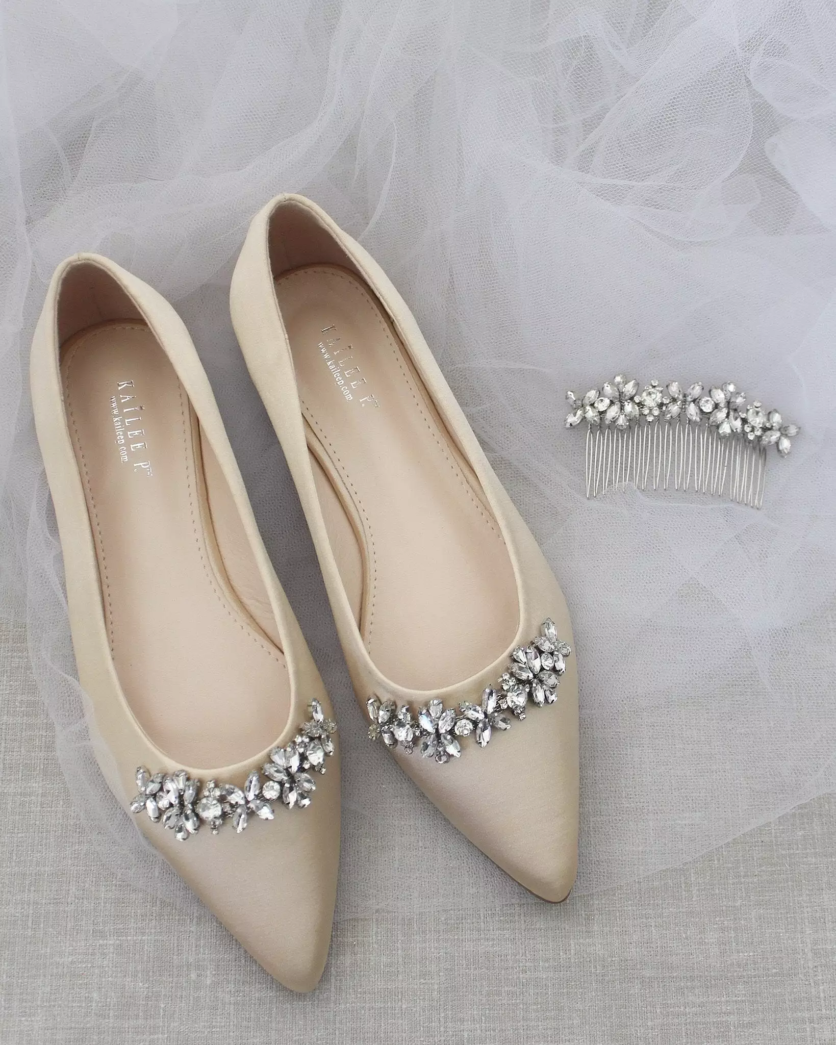 Champagne Evening Flats with Floral Rhinestones Details