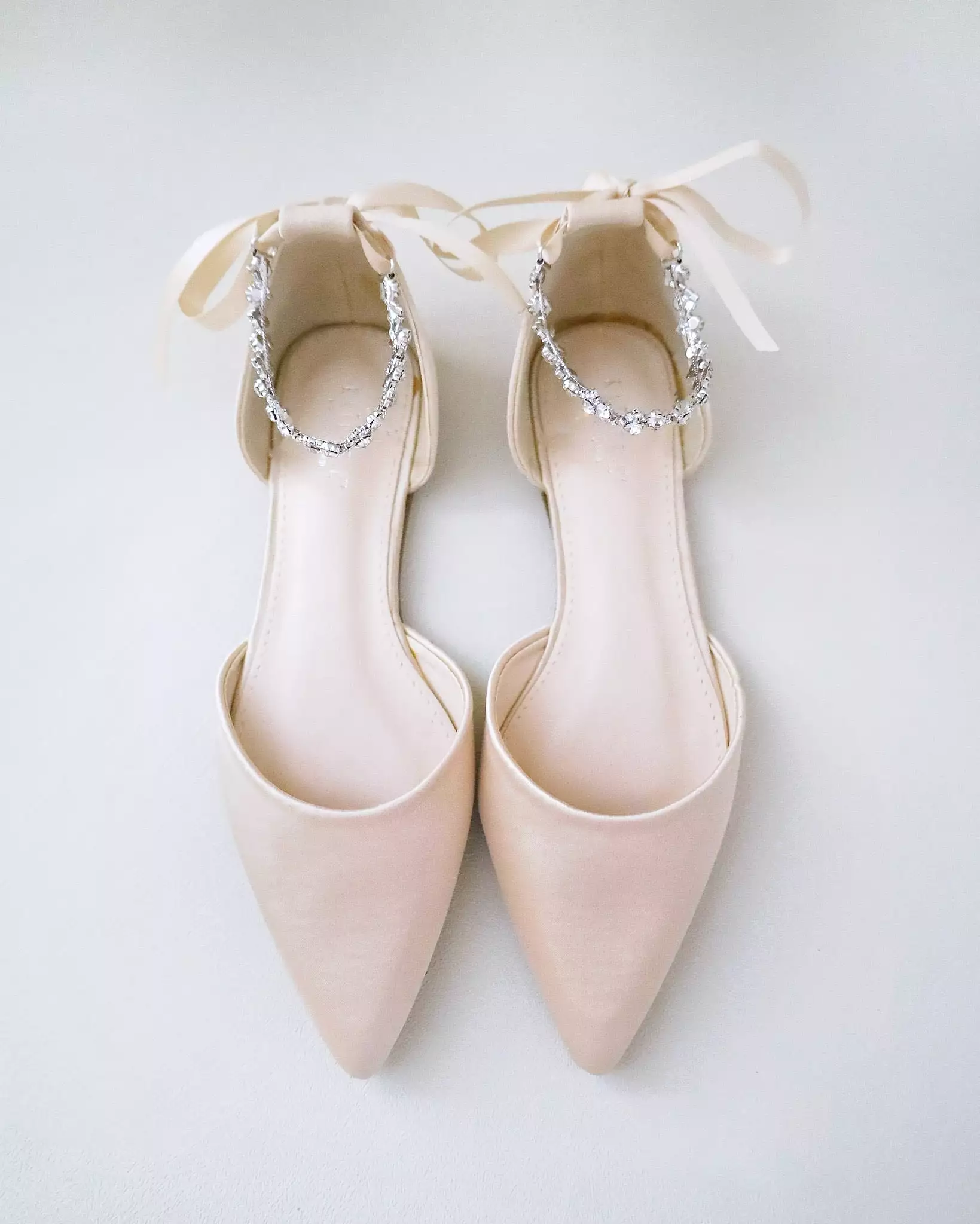 Champagne Satin Pointy Toe Evening Flats with Amaryllis Strap