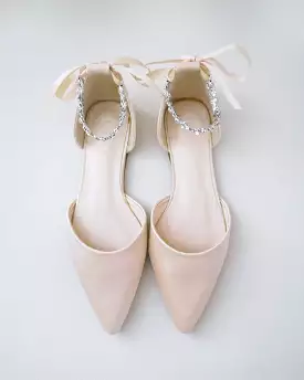 Champagne Satin Pointy Toe Evening Flats with Amaryllis Strap