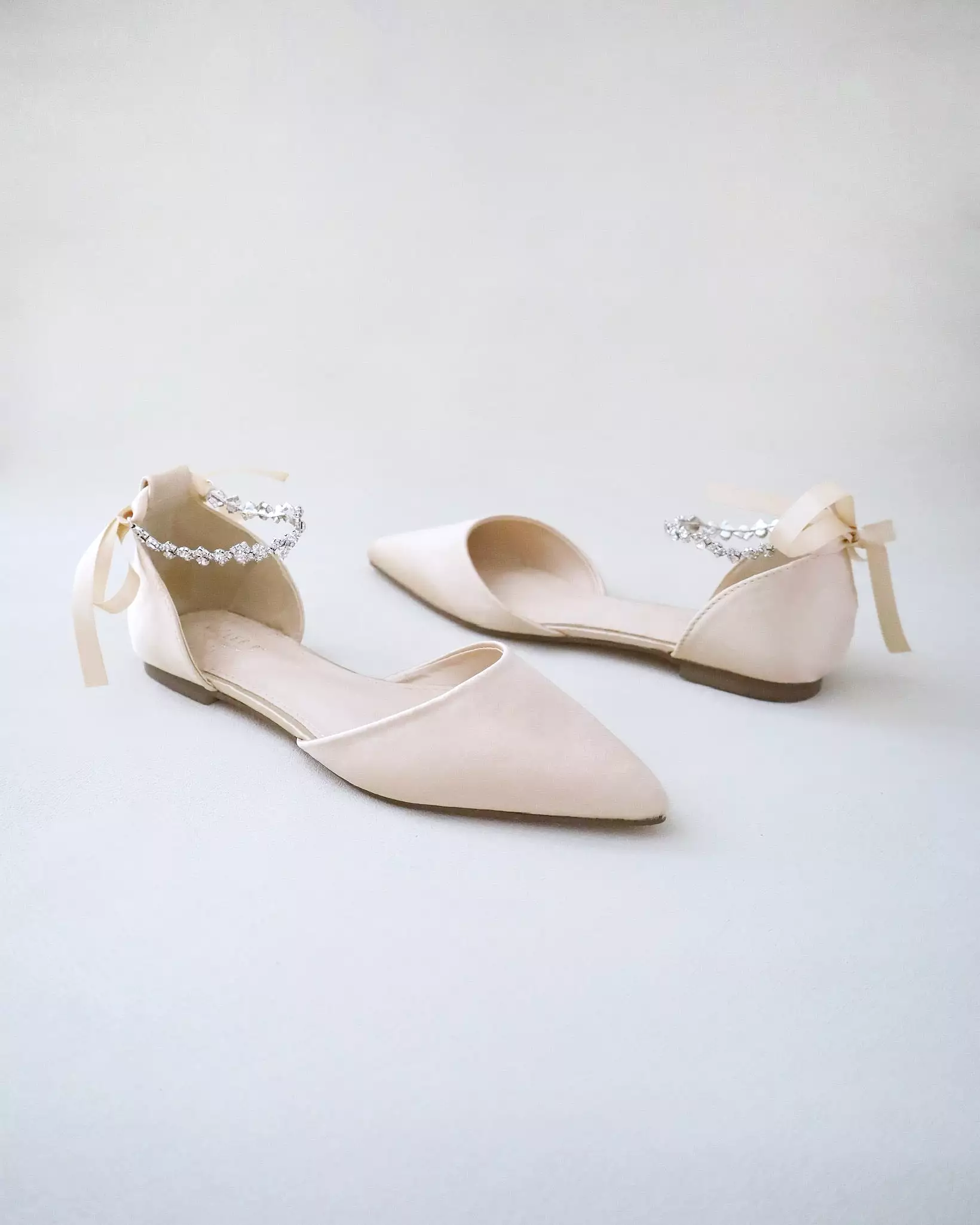 Champagne Satin Pointy Toe Evening Flats with Amaryllis Strap