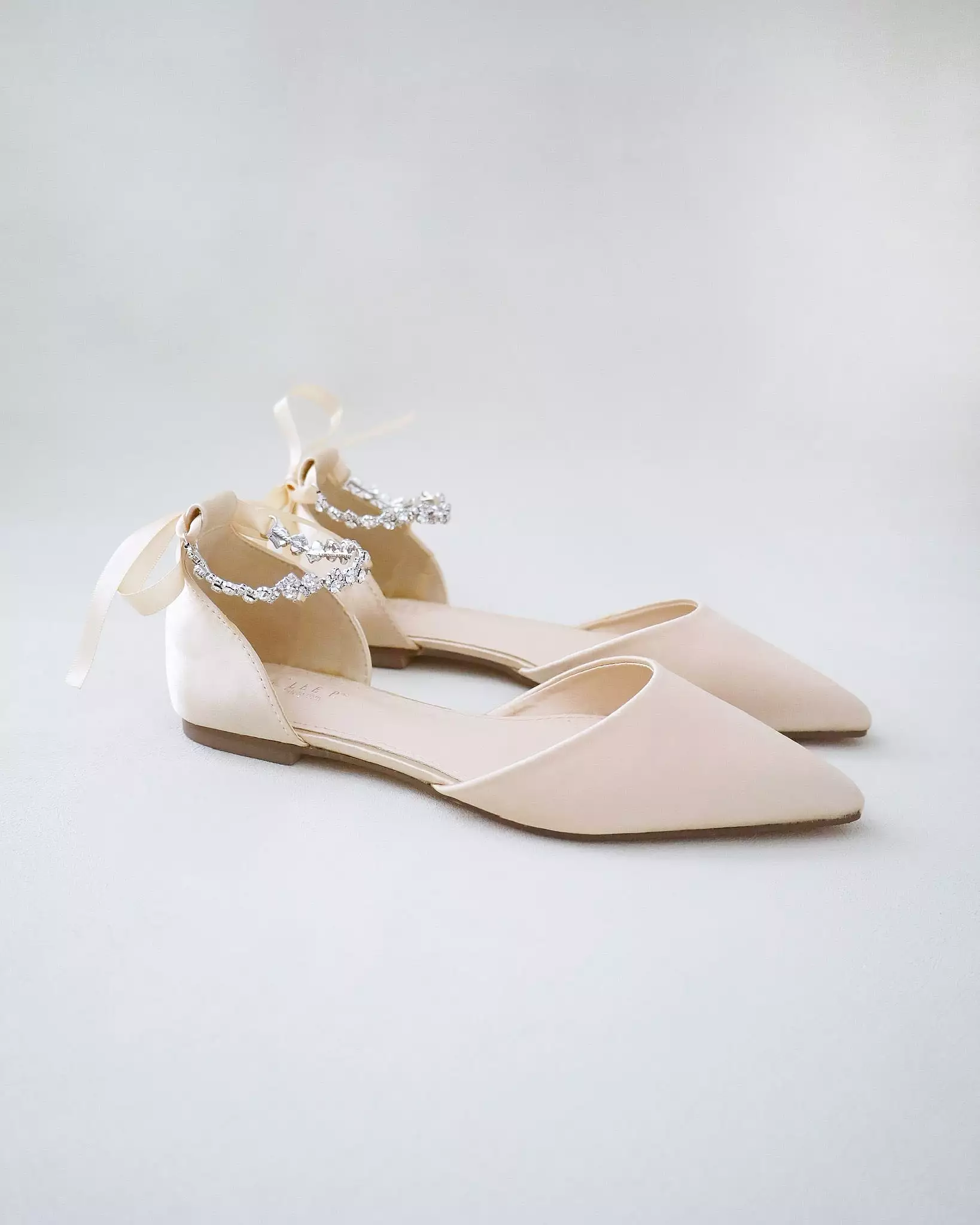 Champagne Satin Pointy Toe Evening Flats with Amaryllis Strap