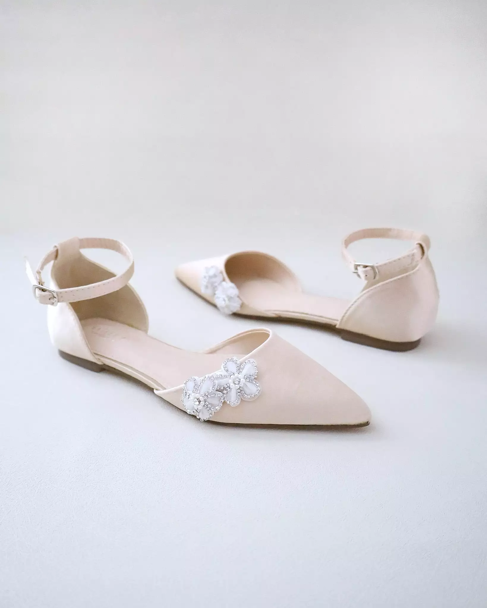 Champagne Satin Pointy Toe Evening Flats with Rhinestones Chassia Flower