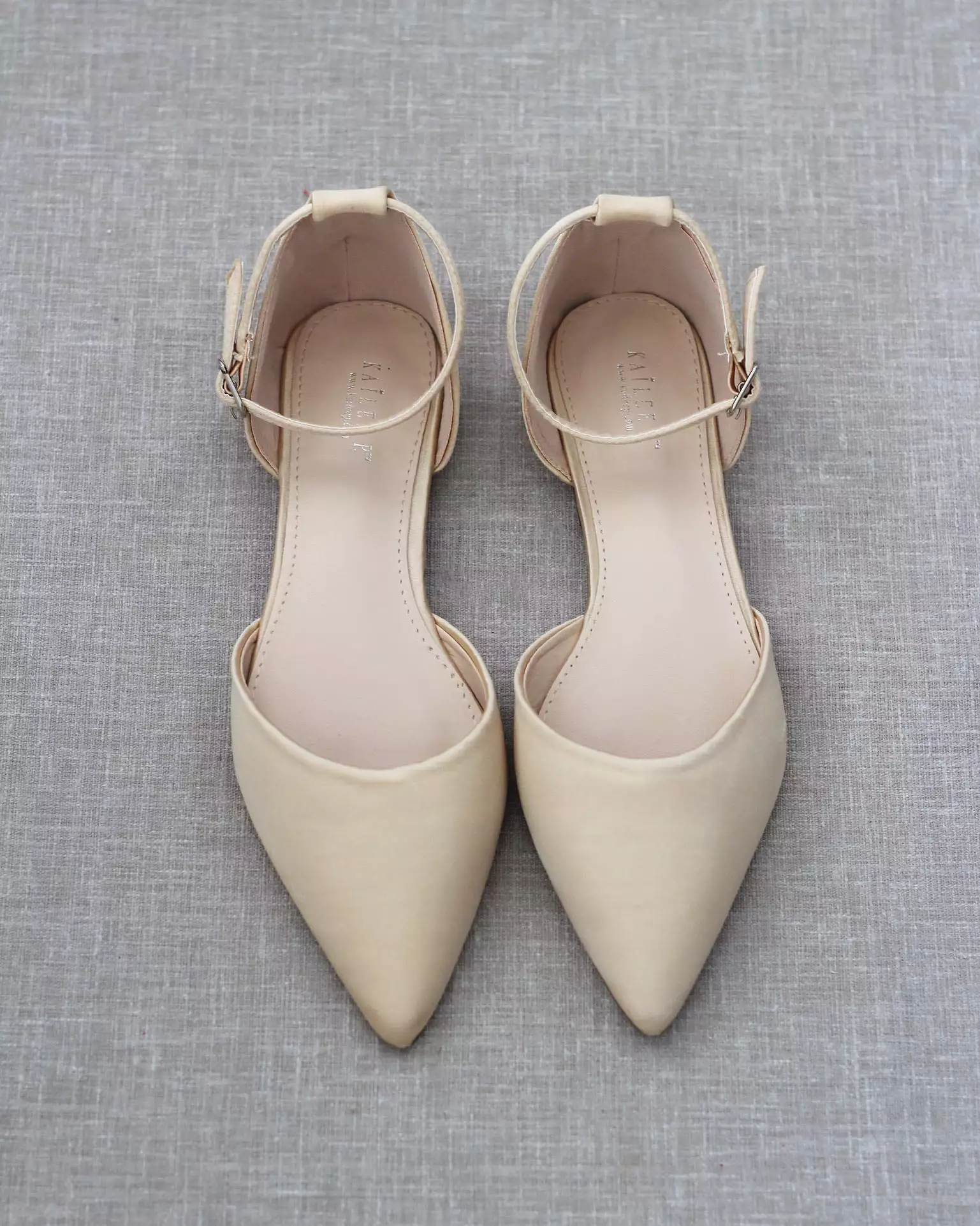 Champagne Satin Pointy Toe Flats with Ankle Strap