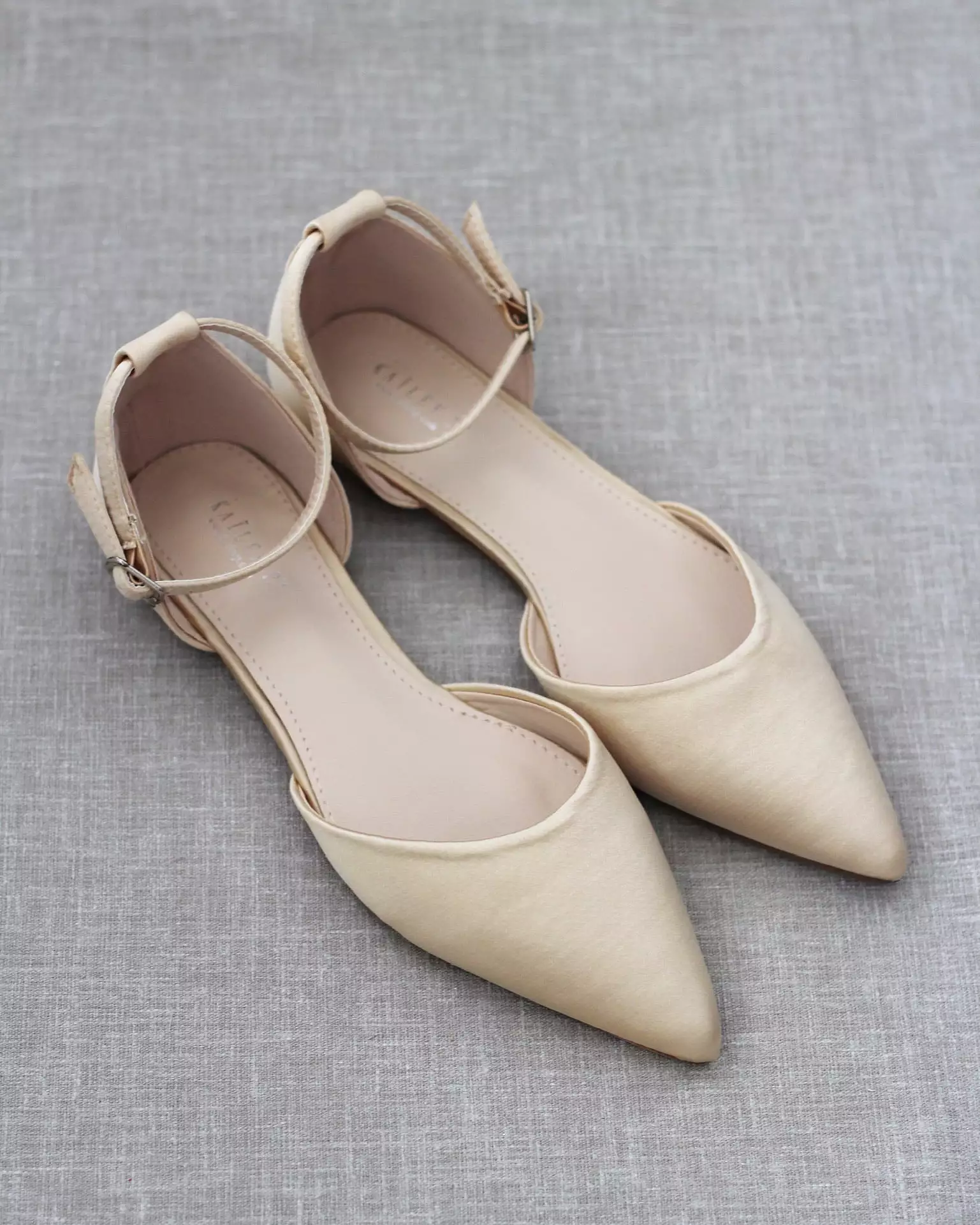 Champagne Satin Pointy Toe Flats with Ankle Strap