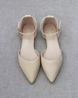 Champagne Satin Pointy Toe Flats with Ankle Strap