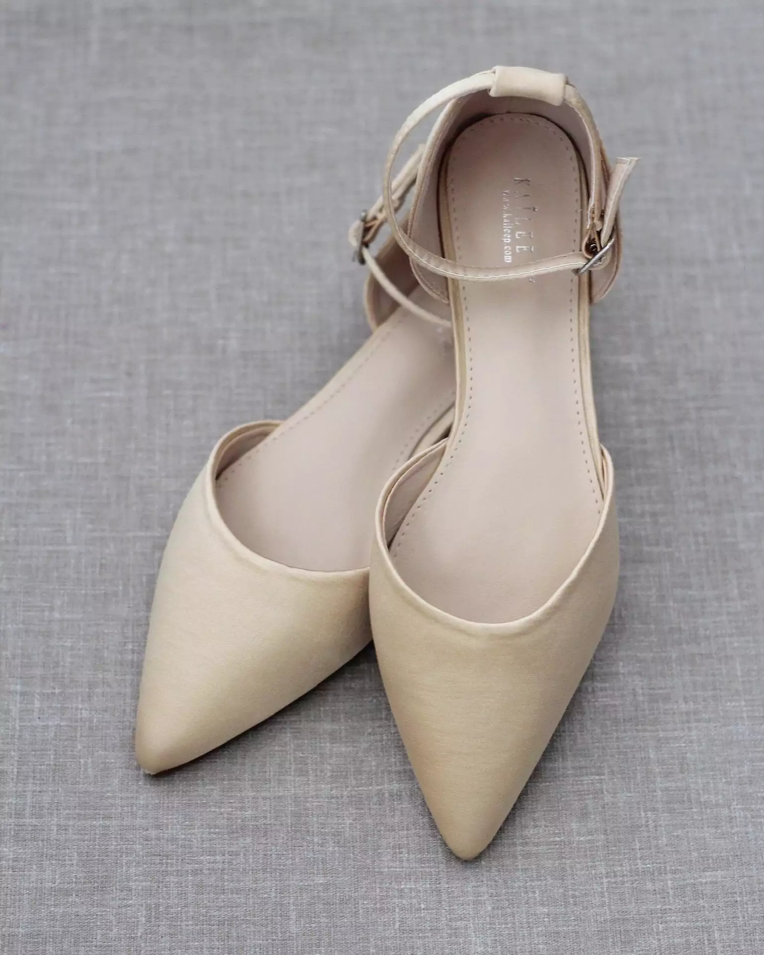 Champagne Satin Pointy Toe Flats with Ankle Strap