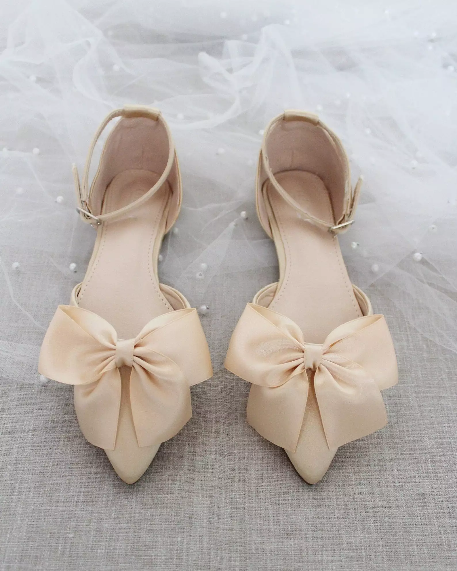 Champagne Satin Pointy Toe flats with Front Satin Bow