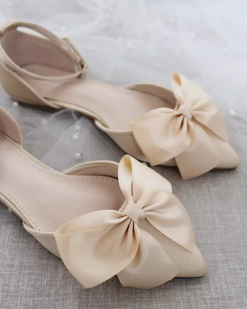 Champagne Satin Pointy Toe flats with Front Satin Bow