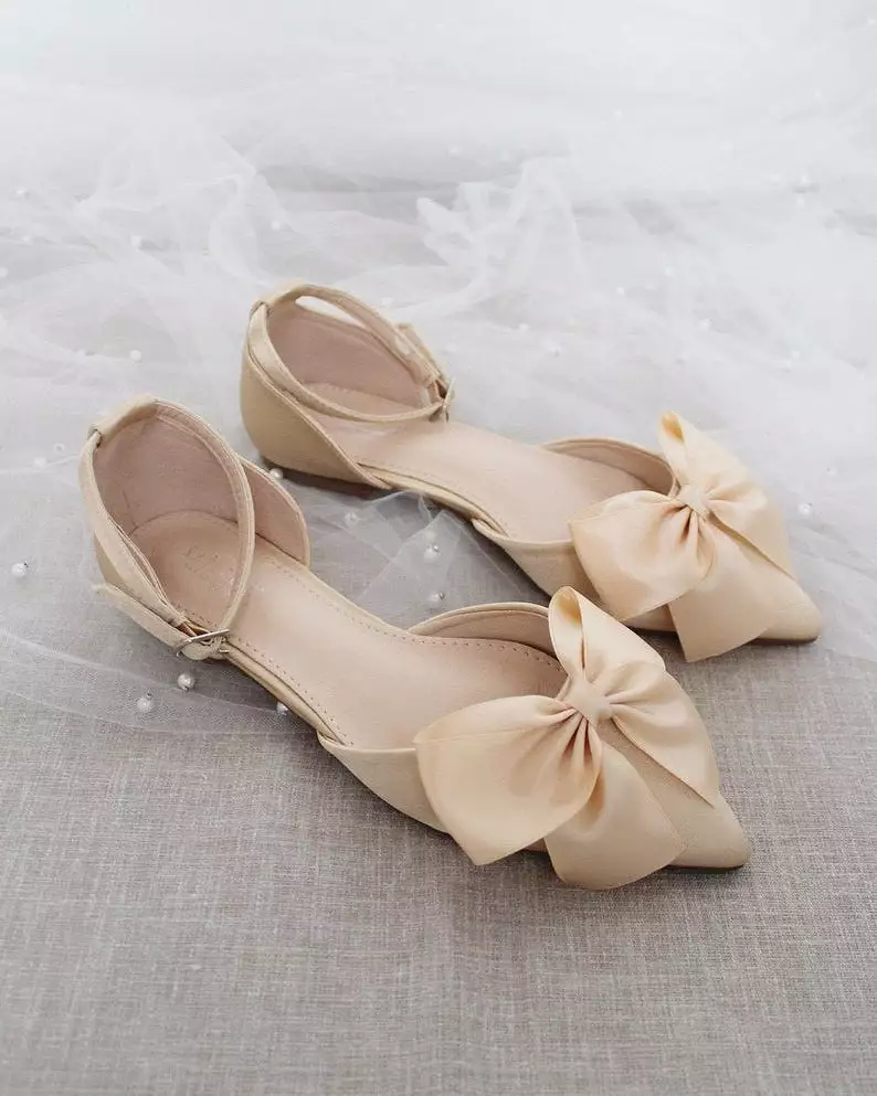 Champagne Satin Pointy Toe flats with Front Satin Bow