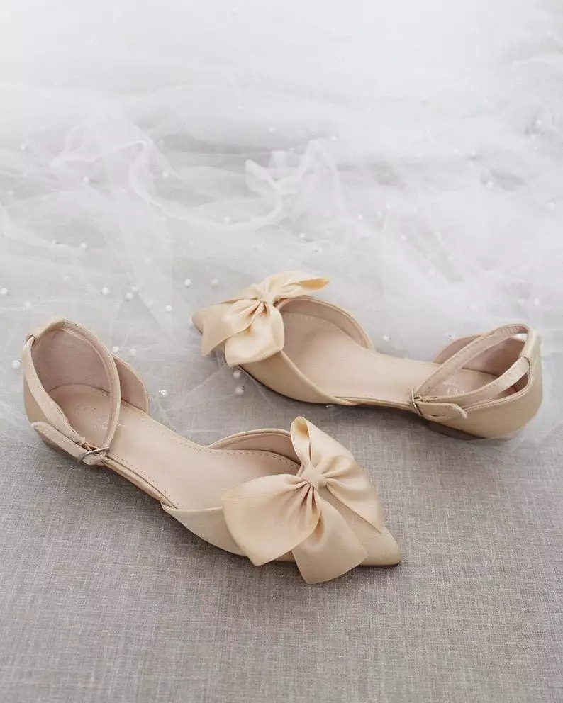 Champagne Satin Pointy Toe flats with Front Satin Bow