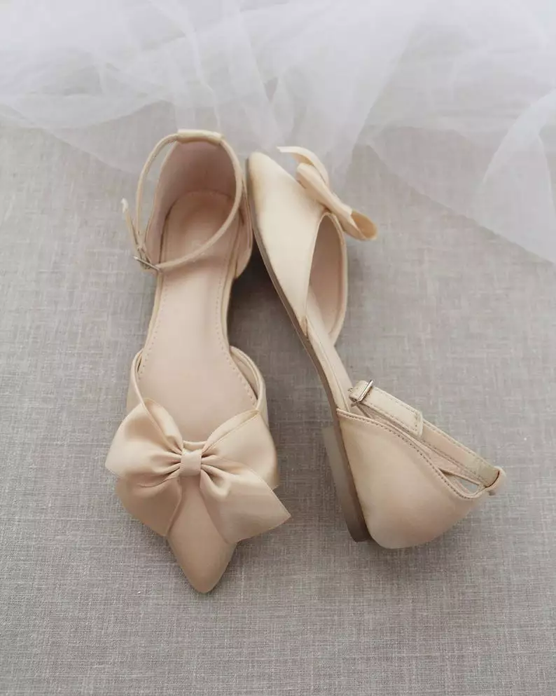 Champagne Satin Pointy Toe flats with Front Satin Bow