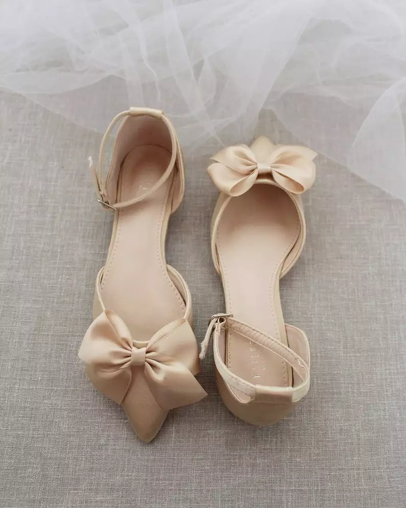 Champagne Satin Pointy Toe flats with Front Satin Bow