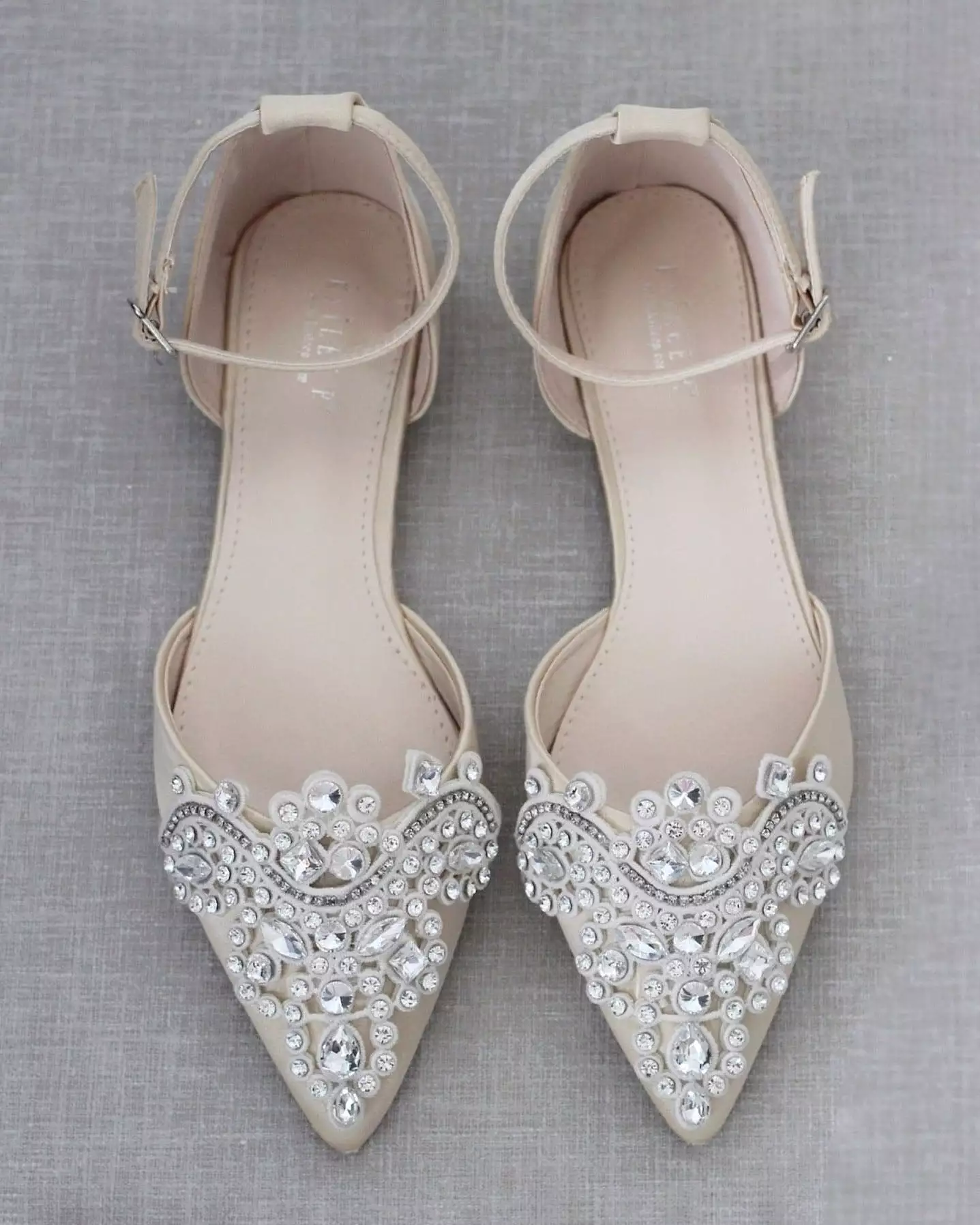 Champagne Satin Pointy Toe Flats with Oversized Rhinestones Applique Embellishments