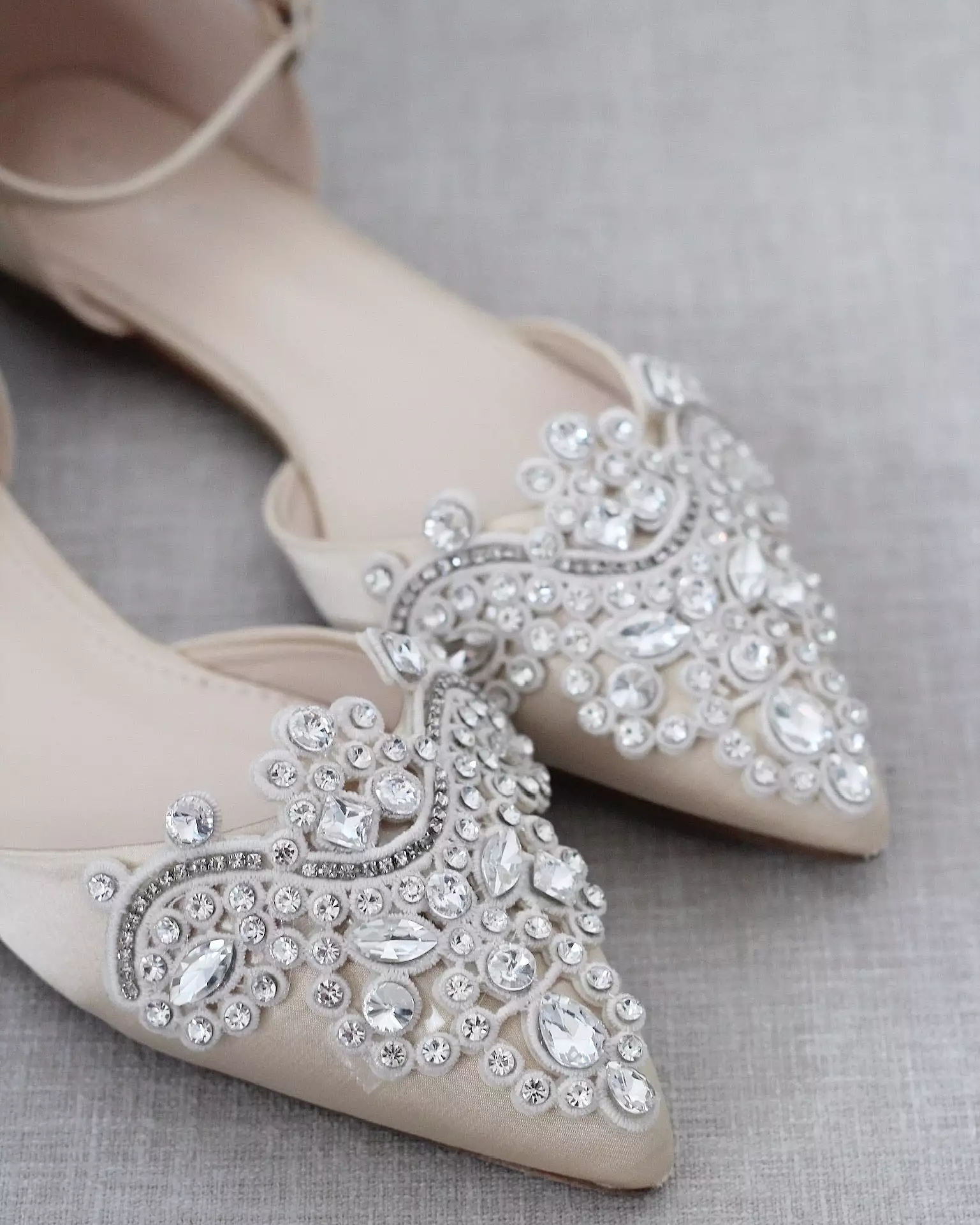 Champagne Satin Pointy Toe Flats with Oversized Rhinestones Applique Embellishments