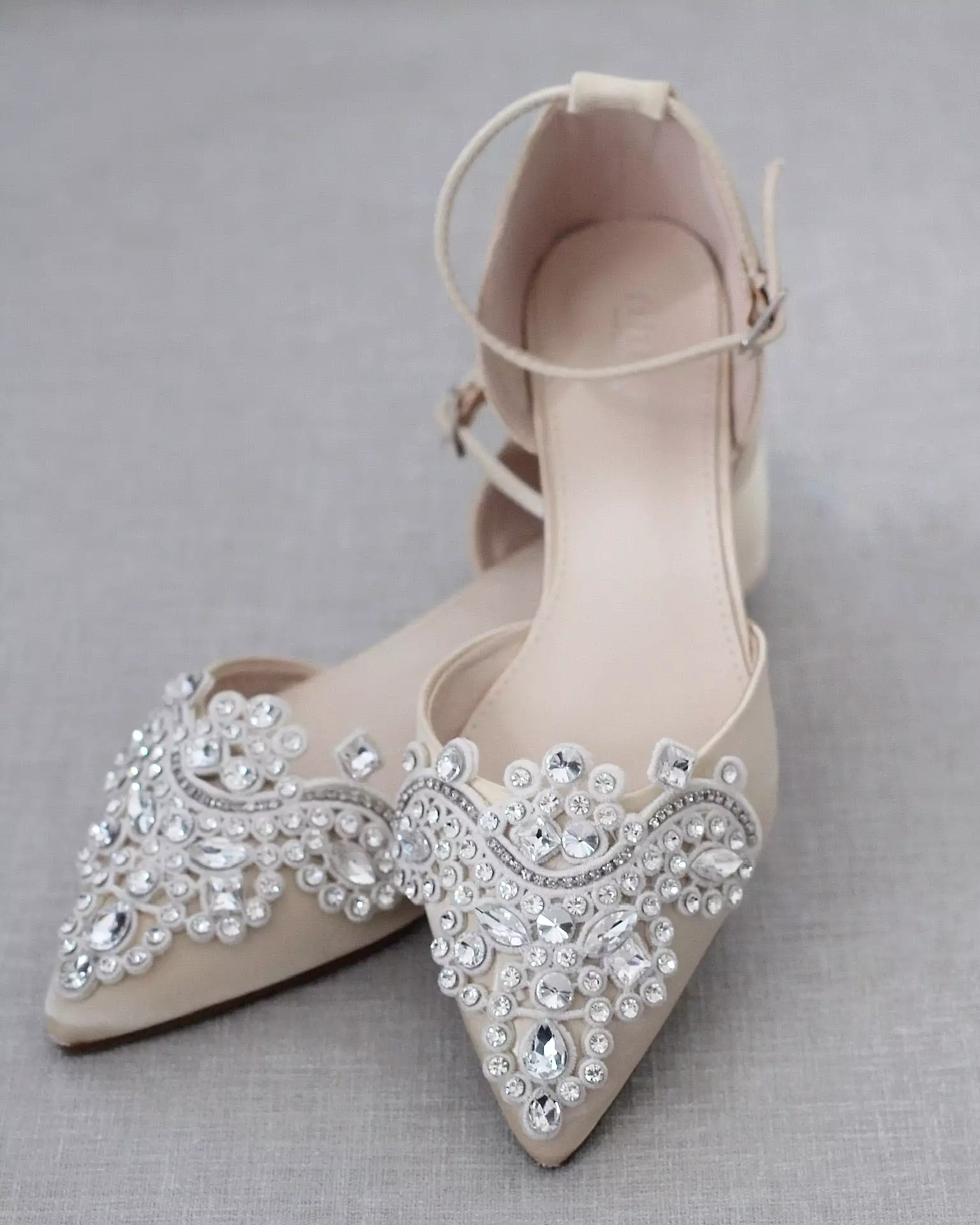 Champagne Satin Pointy Toe Flats with Oversized Rhinestones Applique Embellishments