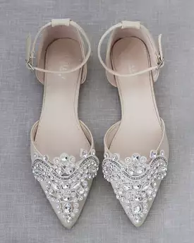 Champagne Satin Pointy Toe Flats with Oversized Rhinestones Applique Embellishments