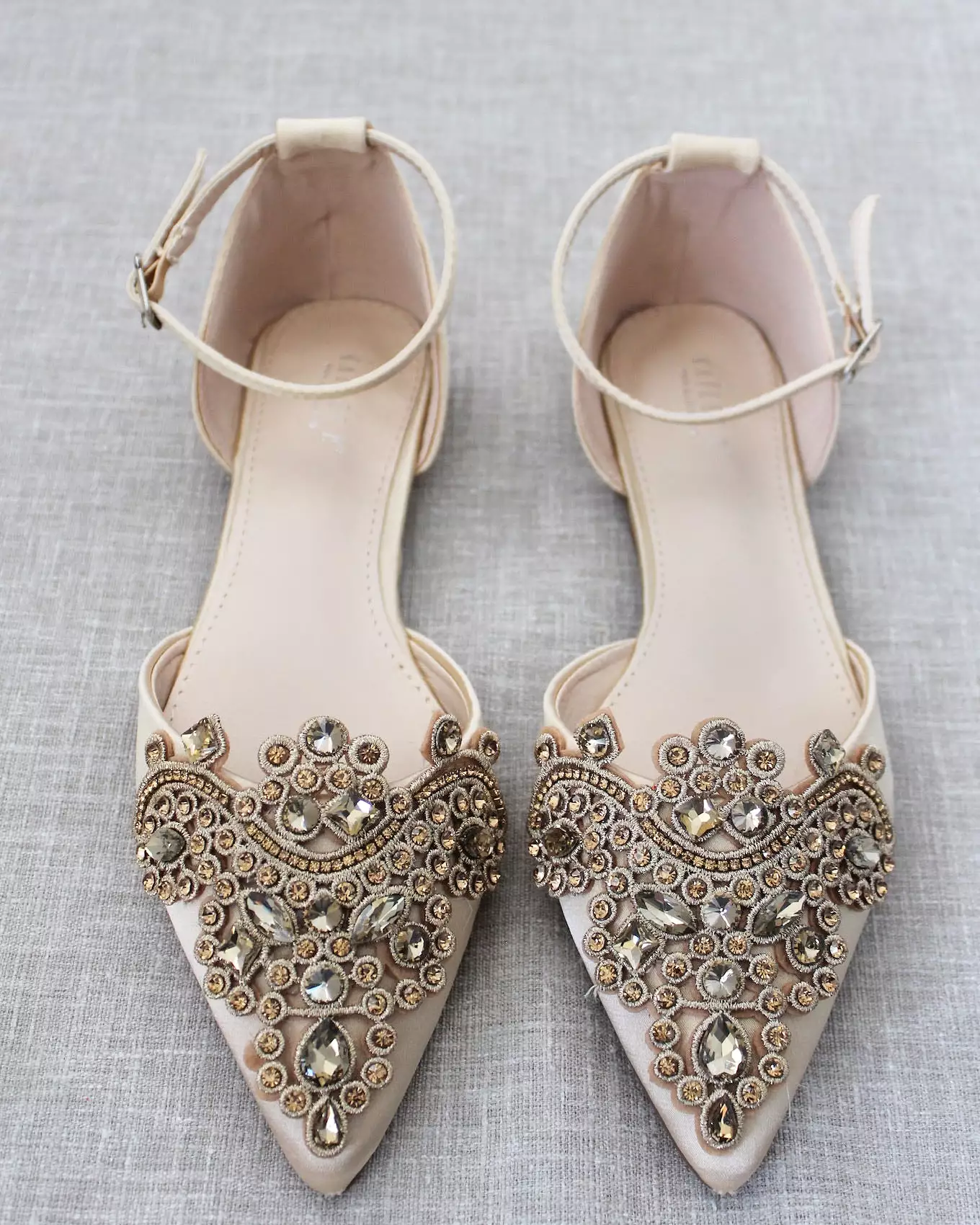 Champagne Satin Pointy Toe Flats with Oversized Rhinestones Applique Embellishments