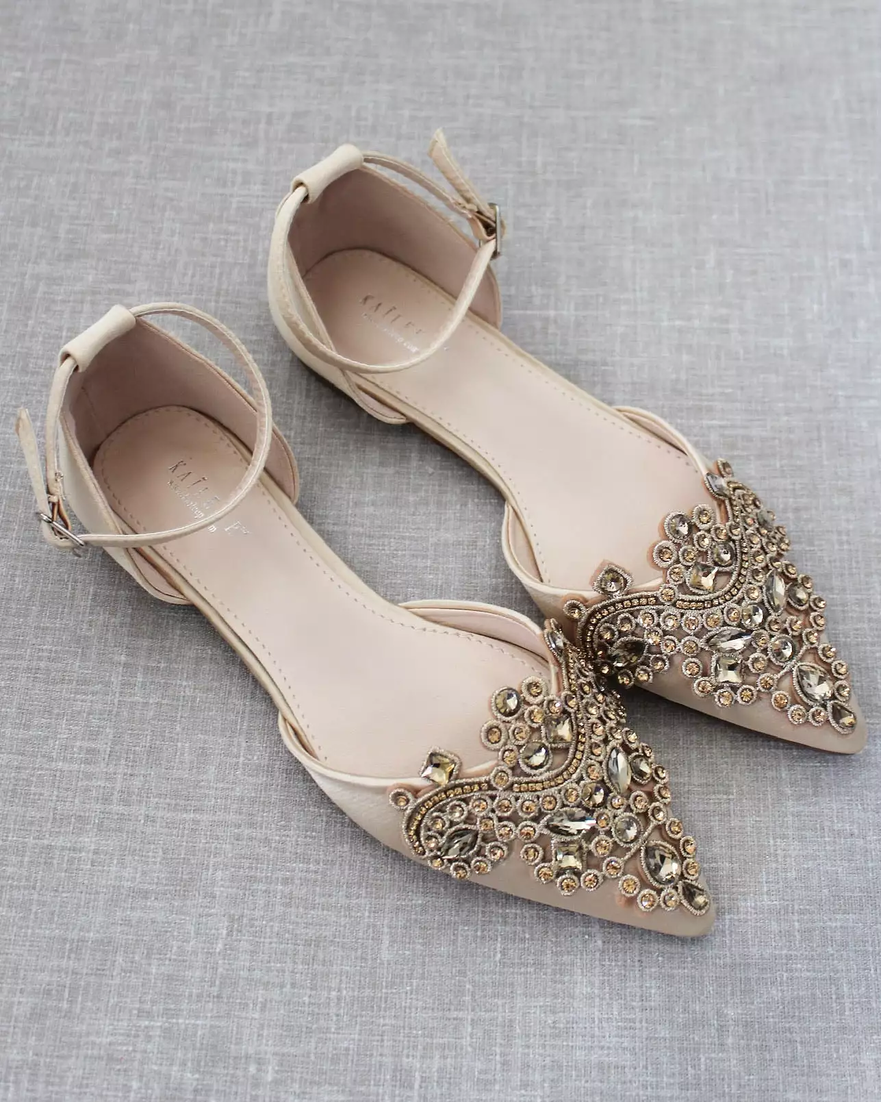 Champagne Satin Pointy Toe Flats with Oversized Rhinestones Applique Embellishments