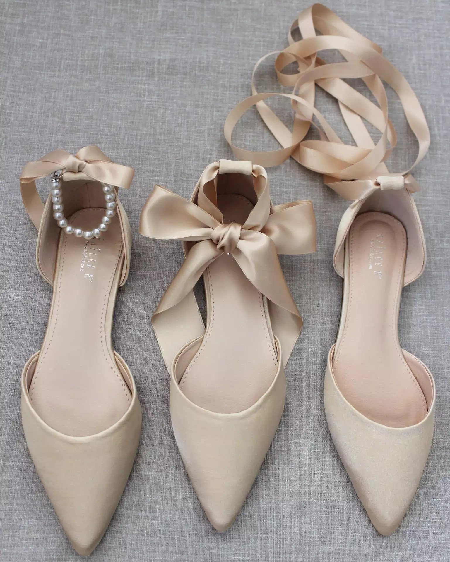 Champagne Satin Pointy Toe Flats with Satin Ankle Tie or Ballerina Lace Up