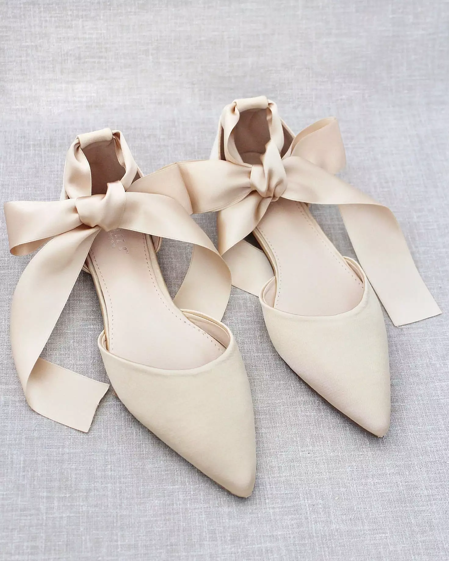 Champagne Satin Pointy Toe Flats with Satin Ankle Tie or Ballerina Lace Up