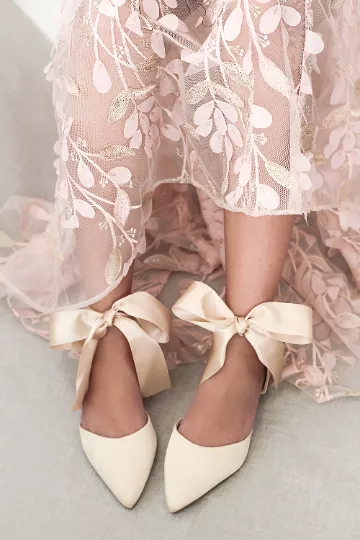 Champagne Satin Pointy Toe Flats with Satin Ankle Tie or Ballerina Lace Up