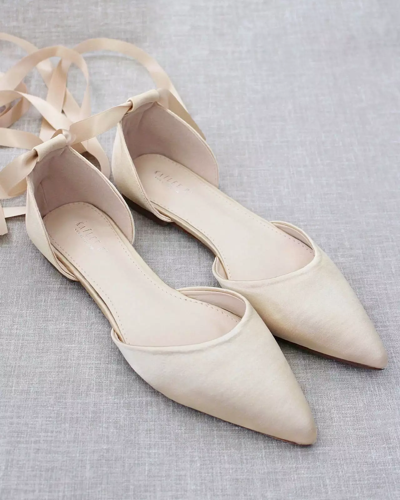 Champagne Satin Pointy Toe Flats with Satin Ankle Tie or Ballerina Lace Up