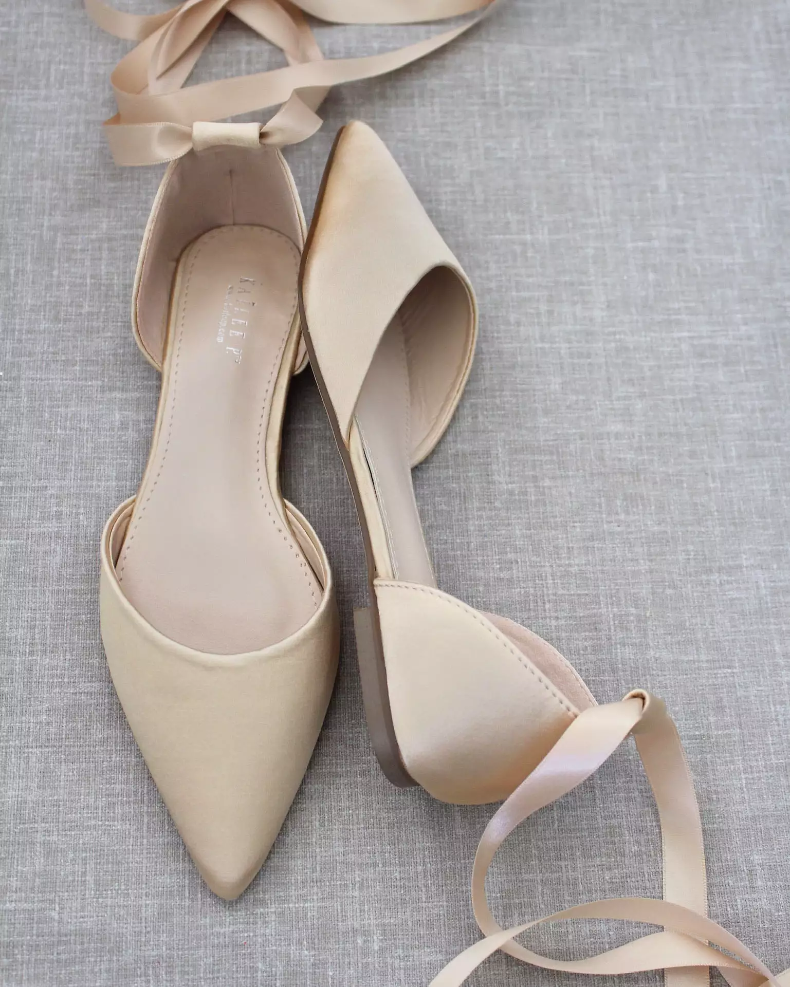 Champagne Satin Pointy Toe Flats with Satin Ankle Tie or Ballerina Lace Up