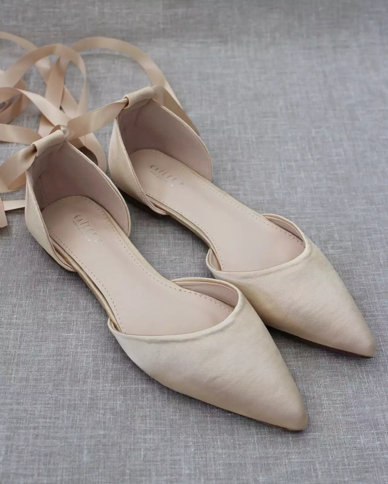 Champagne Satin Pointy Toe Flats with Satin Ankle Tie or Ballerina Lace Up