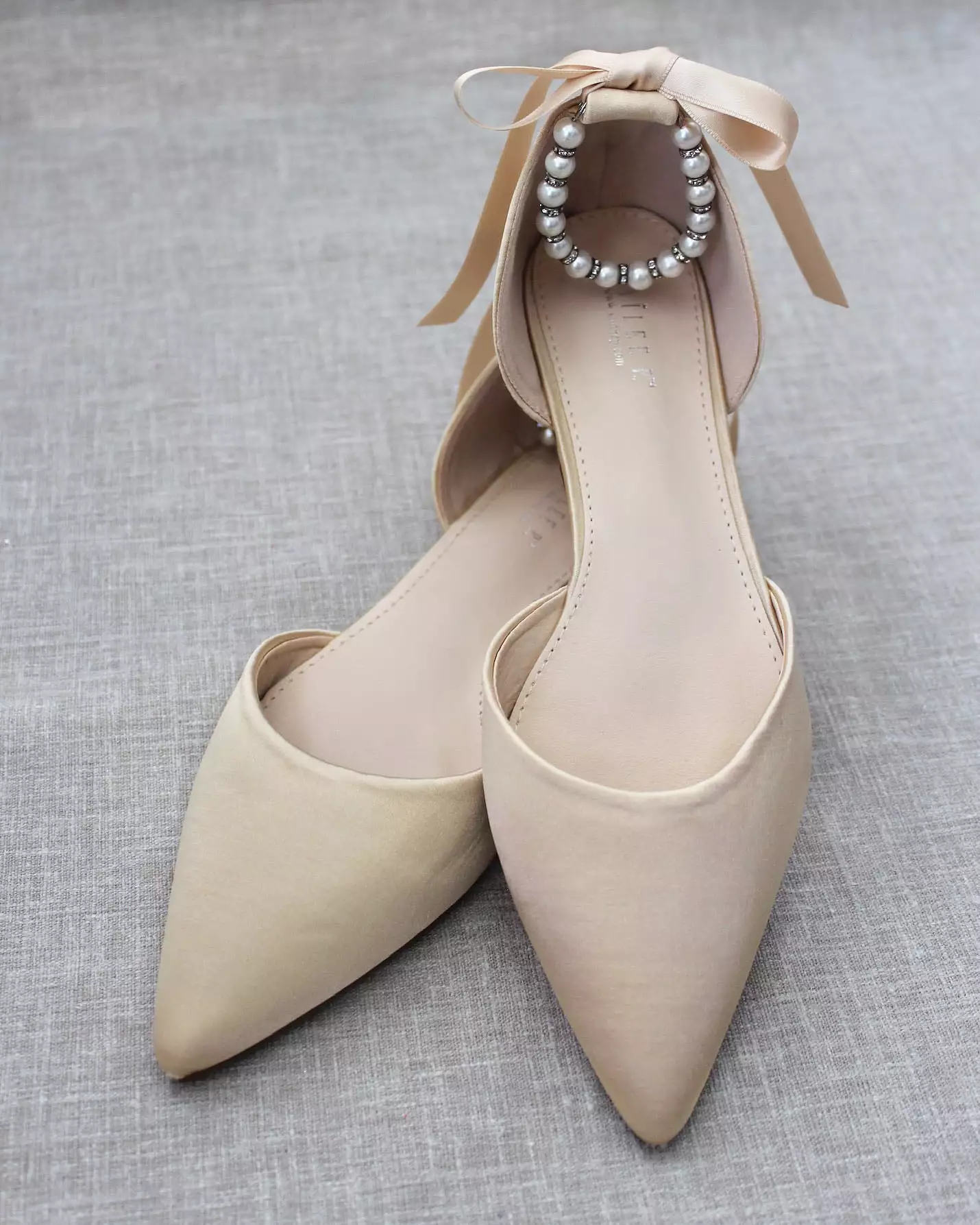 Champagne Satin Pointy Toe Flats with Satin Ankle Tie or Ballerina Lace Up