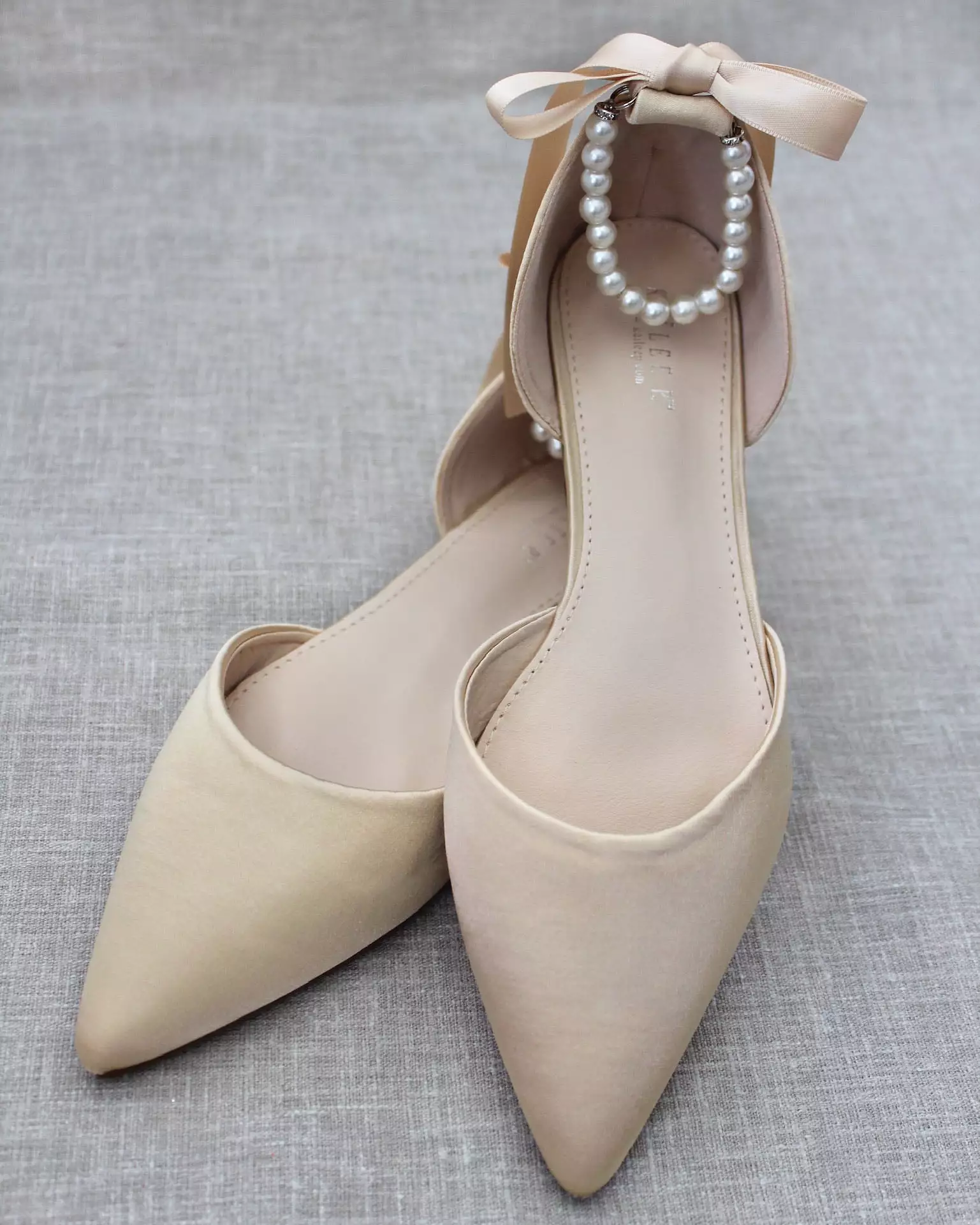 Champagne Satin Pointy Toe Flats with Satin Ankle Tie or Ballerina Lace Up