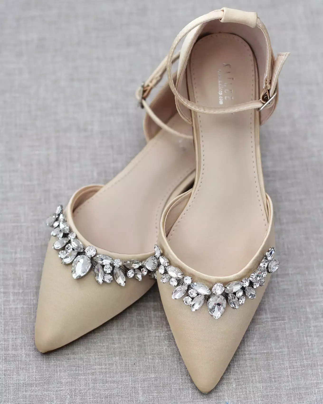 Champagne Satin Pointy Toe Flats with Teardrop Rhinestones Embellishments