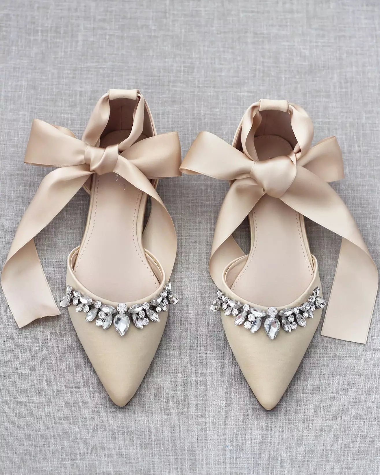 Champagne Satin Pointy Toe Flats with Teardrop Rhinestones Embellishments