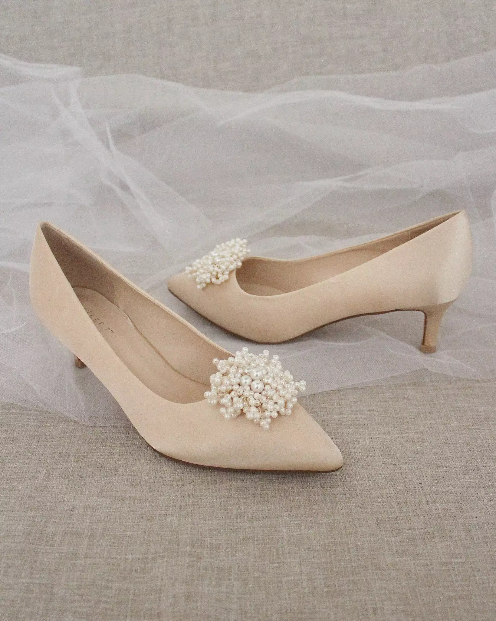 Champagne Satin Pointy Toe Kitten Heel with Mini Pearls Brooch