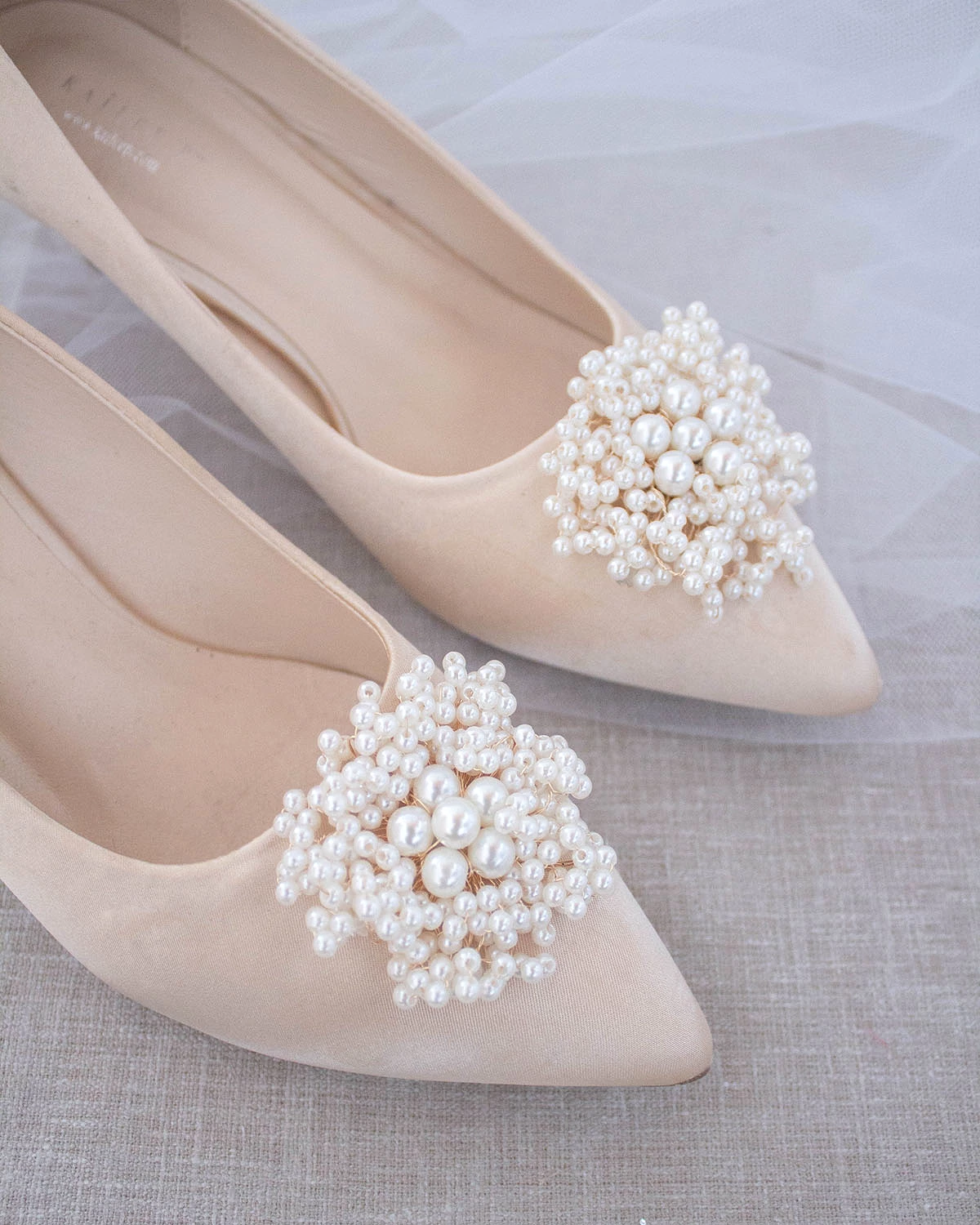 Champagne Satin Pointy Toe Kitten Heel with Mini Pearls Brooch