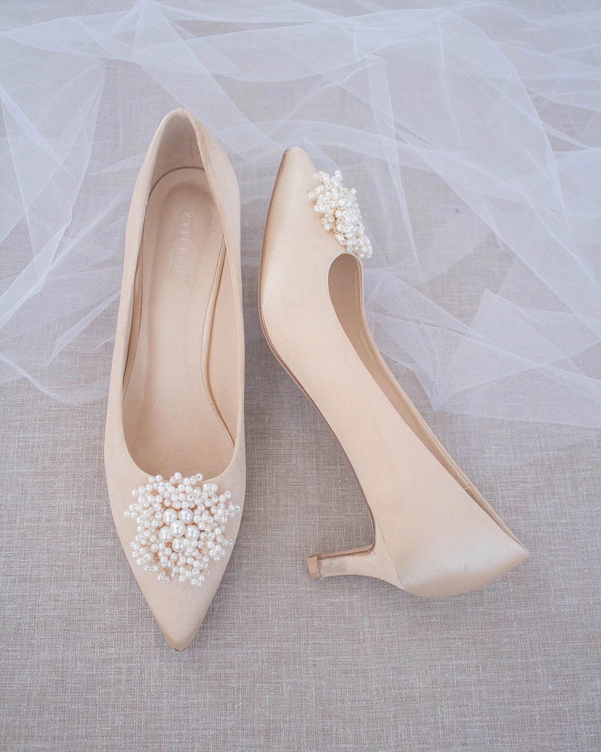 Champagne Satin Pointy Toe Kitten Heel with Mini Pearls Brooch