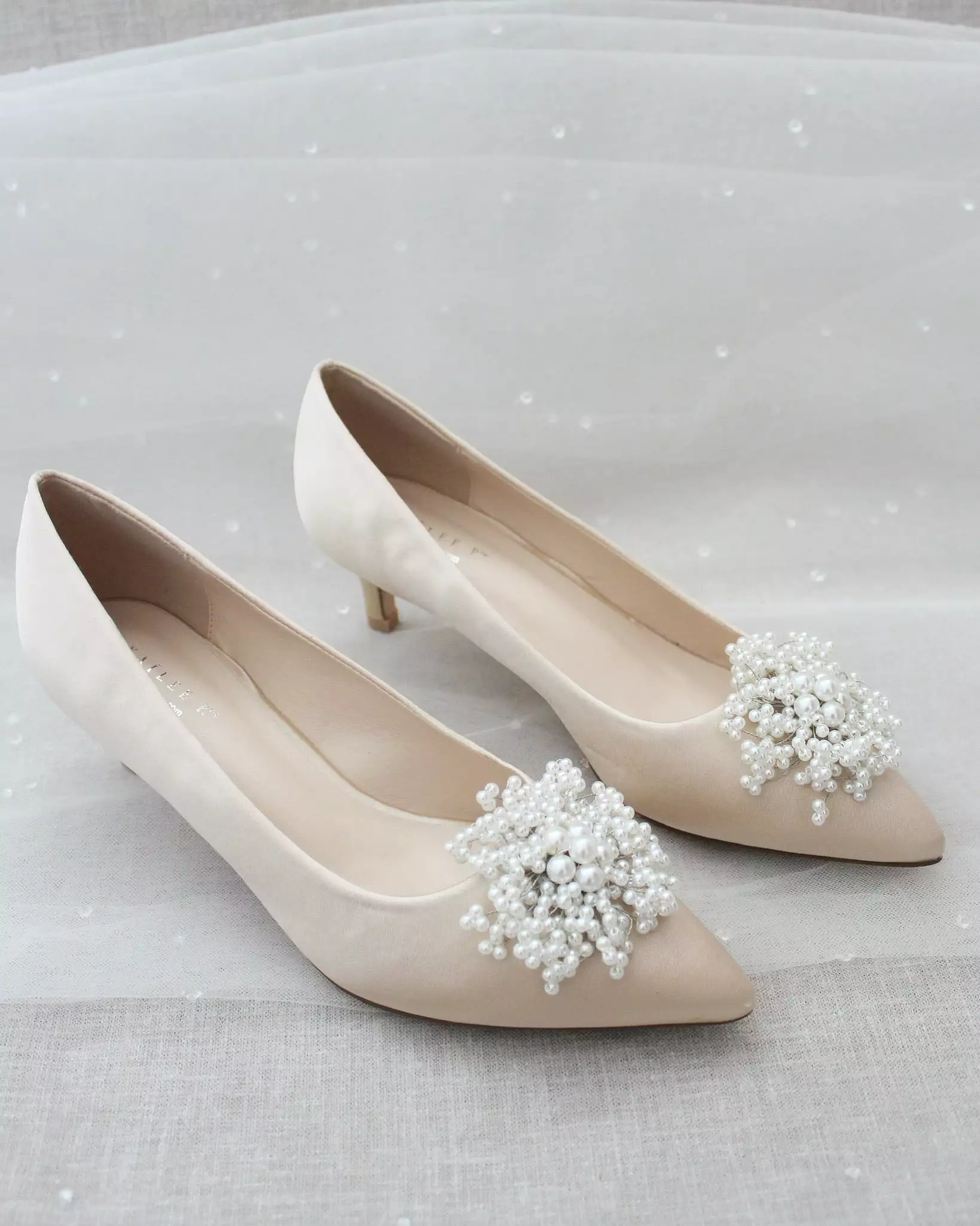 Champagne Satin Pointy Toe Kitten Heel with Mini Pearls Brooch