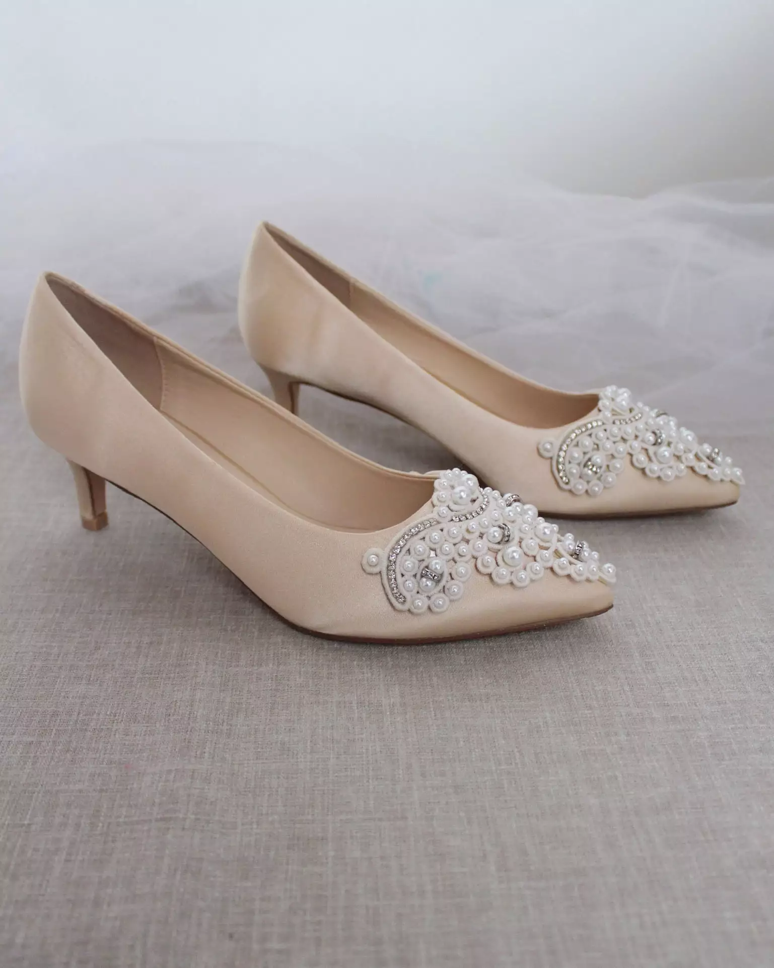 Champagne Satin Pointy Toe Pump Low Heel with Oversized Pearls Applique