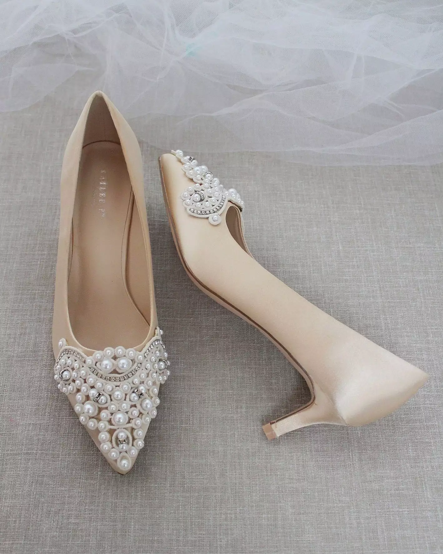 Champagne Satin Pointy Toe Pump Low Heel with Oversized Pearls Applique