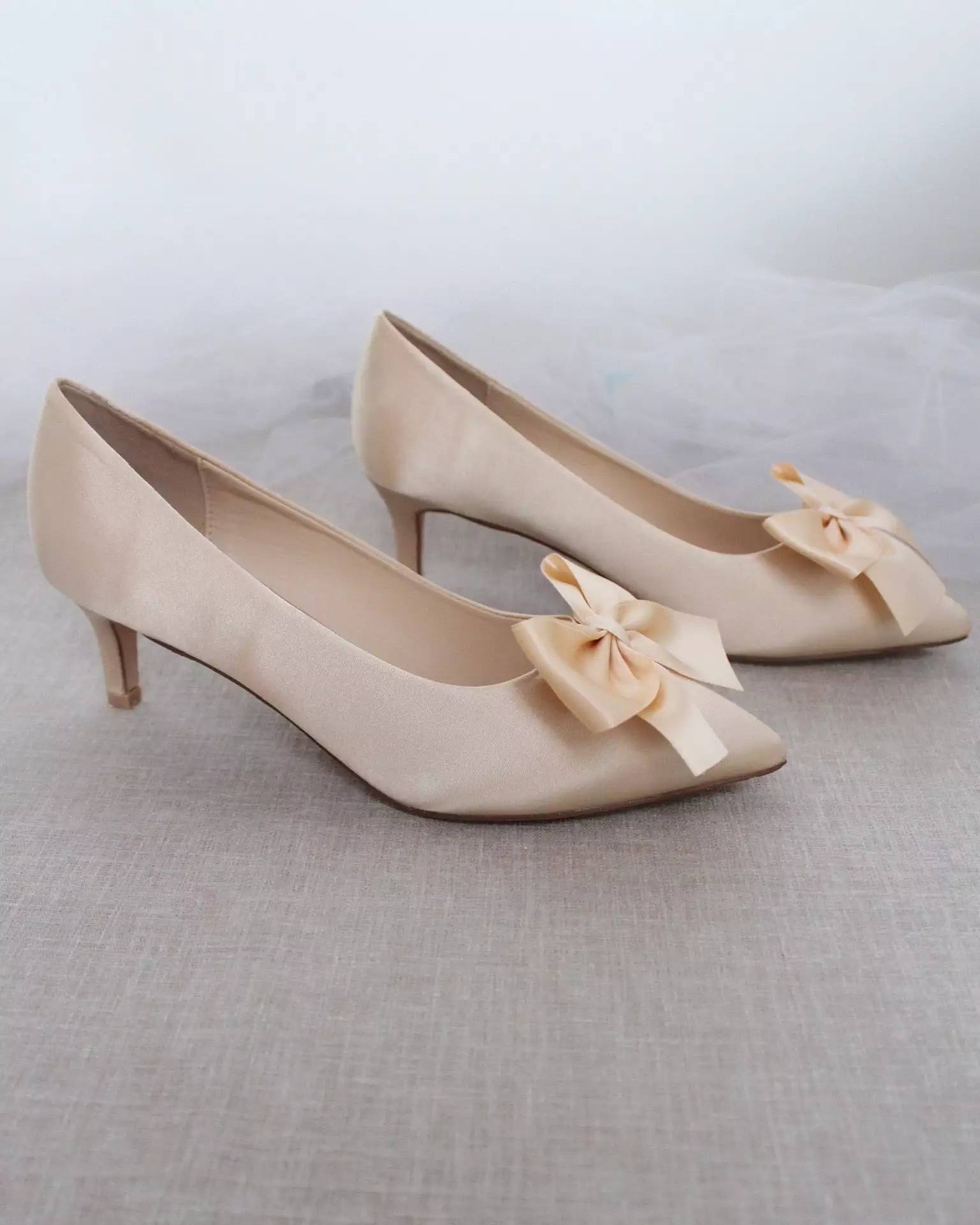 Champagne Satin Pointy Toe Pump Low Heel with Satin Bow