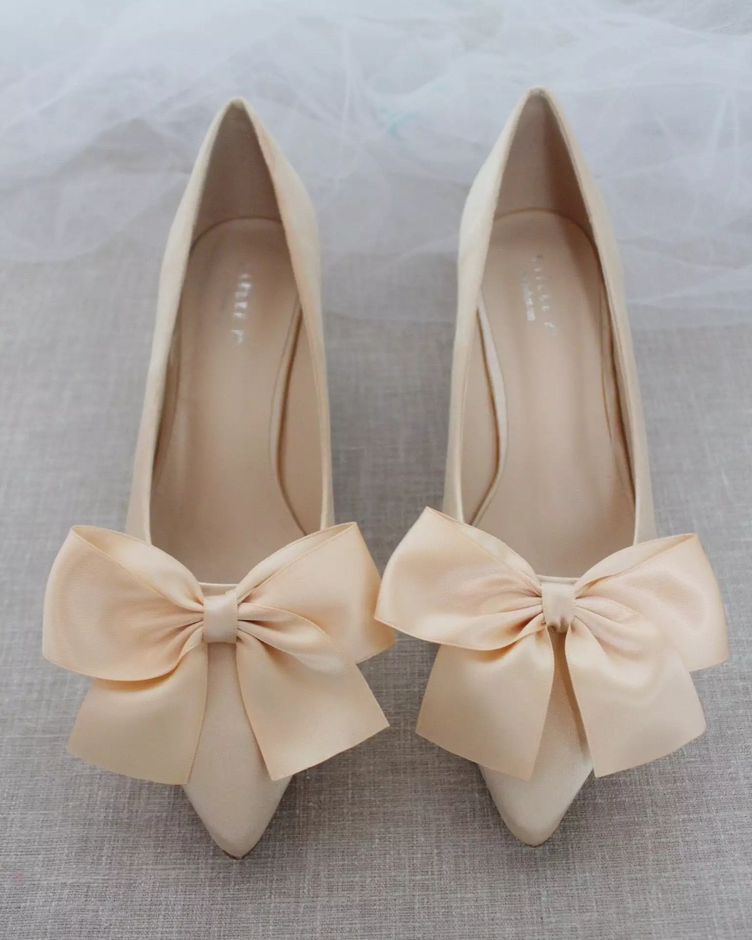 Champagne Satin Pointy Toe Pump Low Heel with Satin Bow