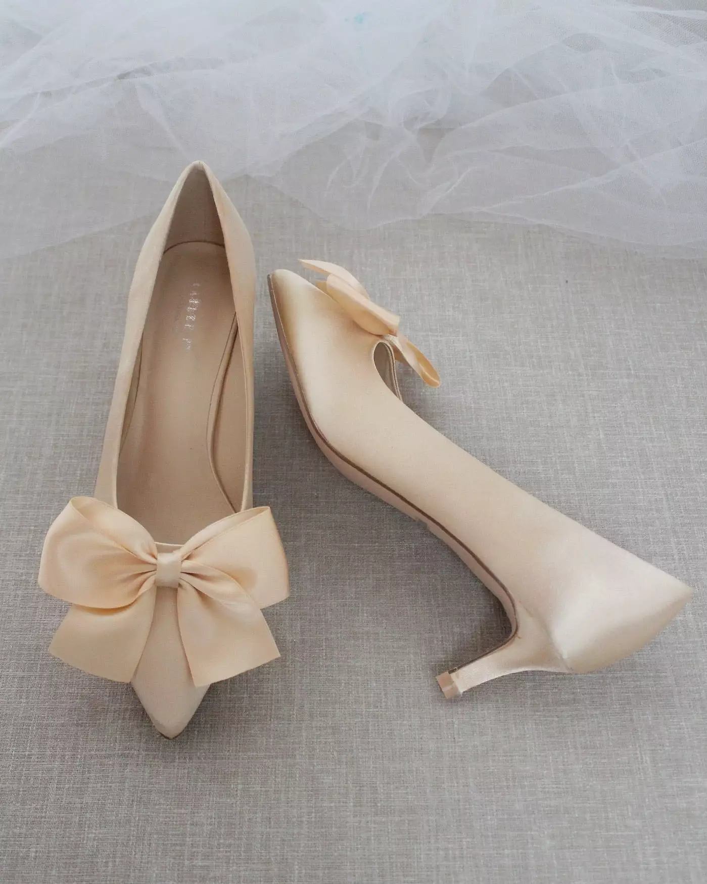 Champagne Satin Pointy Toe Pump Low Heel with Satin Bow