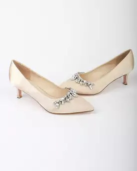 Champagne Satin Pointy Toe Pump Low Heel with Teardrop Rhinestones