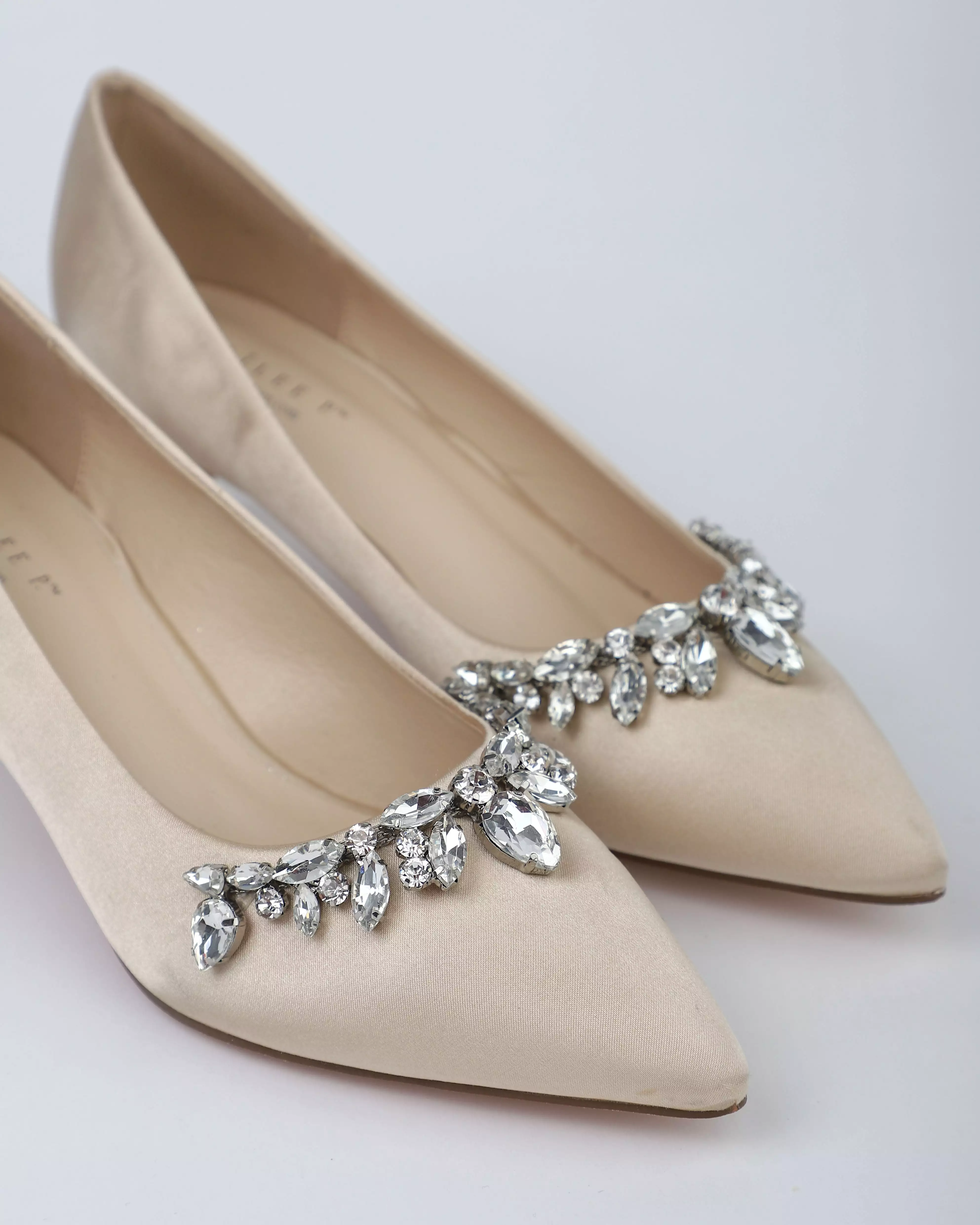 Champagne Satin Pointy Toe Pump Low Heel with Teardrop Rhinestones