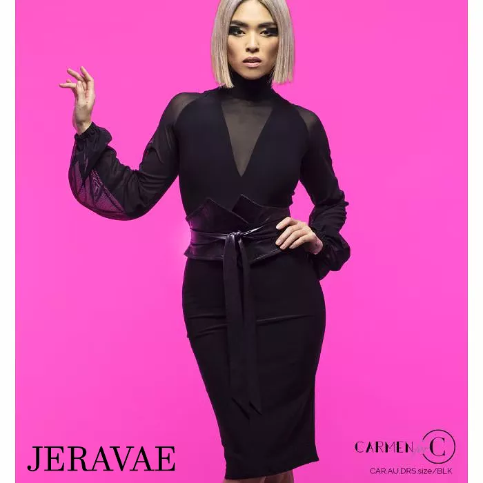 Chrisanne Clover Audrey Black Latin Practice Dress with High Collar, V-Neckline, Sheer Balloon Sleeves, and Pencil Skirt PRA 943